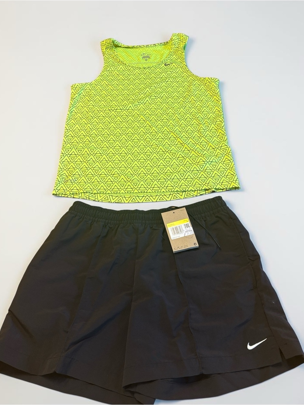 Women’s Nike Medium Black Athletic Shorts with Neon Yellow-Green Patterned Tank.